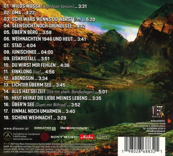 CD-Rückseite mit Titelliste, Credits und Logo. Hintergrund ist eine Berglandschaft.