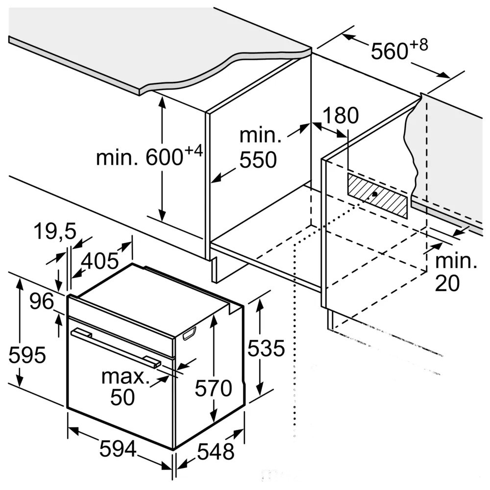 Rysunek techniczny piekarnika do zabudowy. Widoczne wymiary.