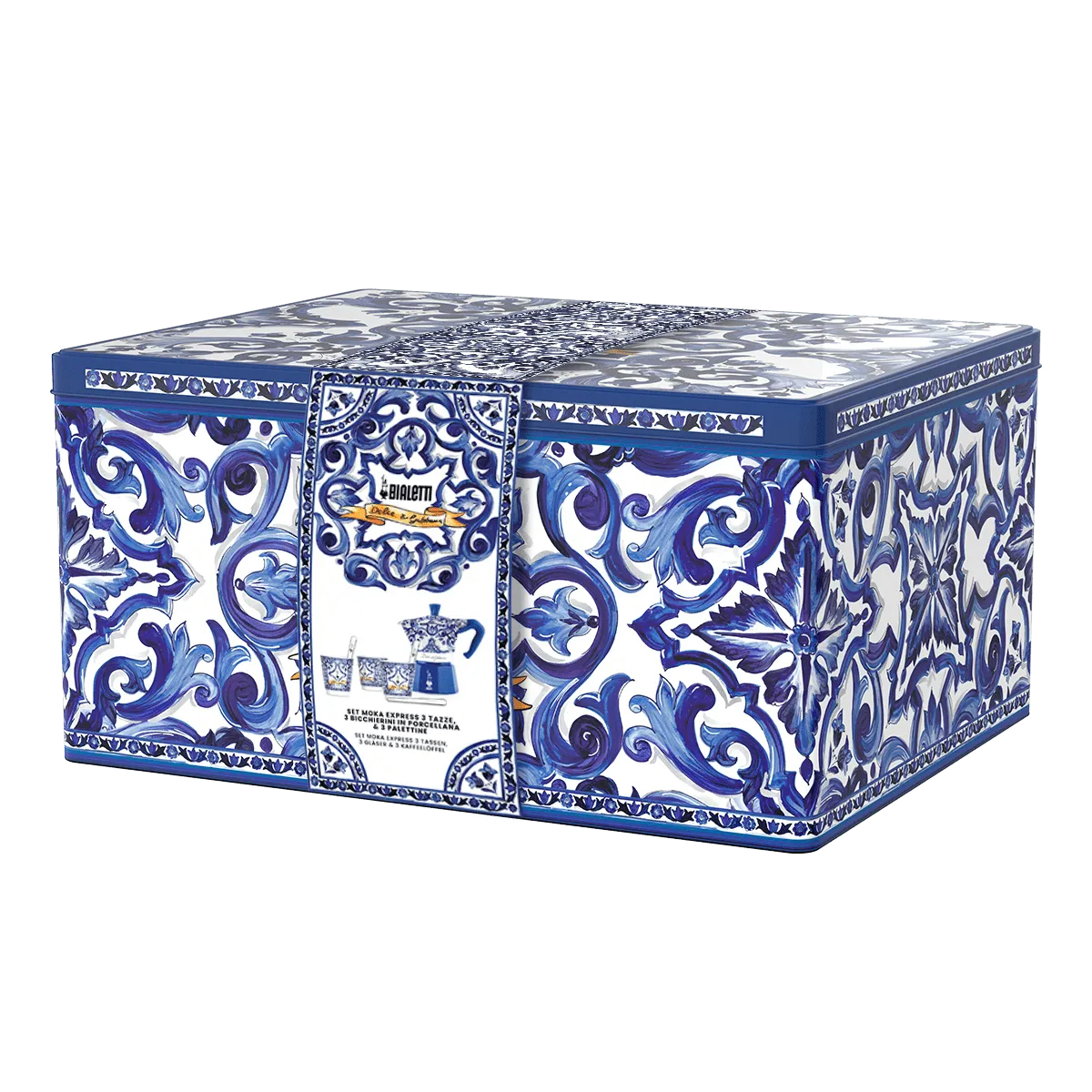 Blau-weiße Bialetti Espresso- und Latte-Geschenkbox mit floralem Design.