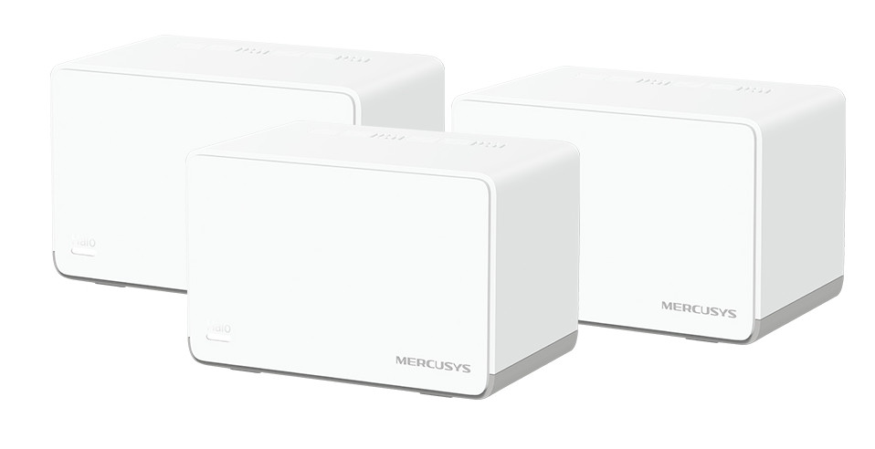 Trzy białe routery Wi-Fi mesh w rzędzie, z nazwą marki MERCUSYS wydrukowaną z boku.