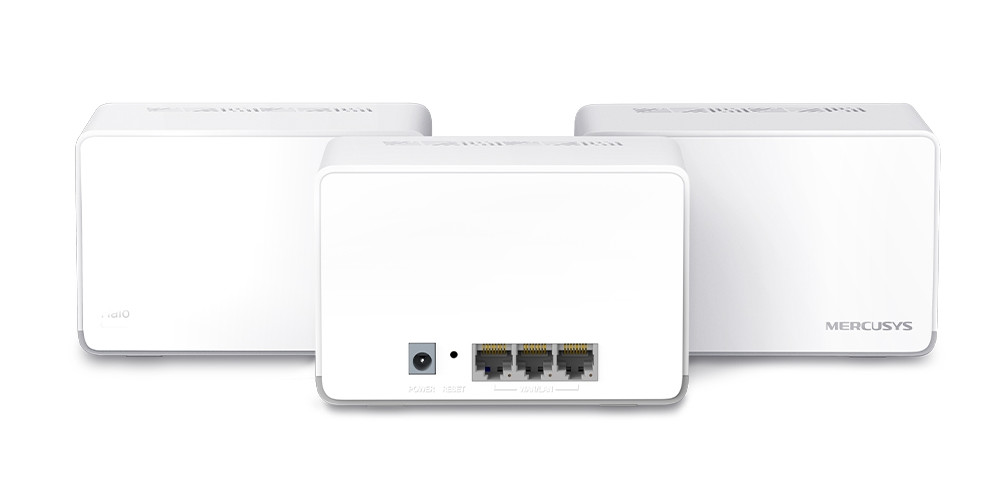 Trzy białe urządzenia Wi-Fi mesh. Urządzenia są prostokątne i mają logo Mercusys.