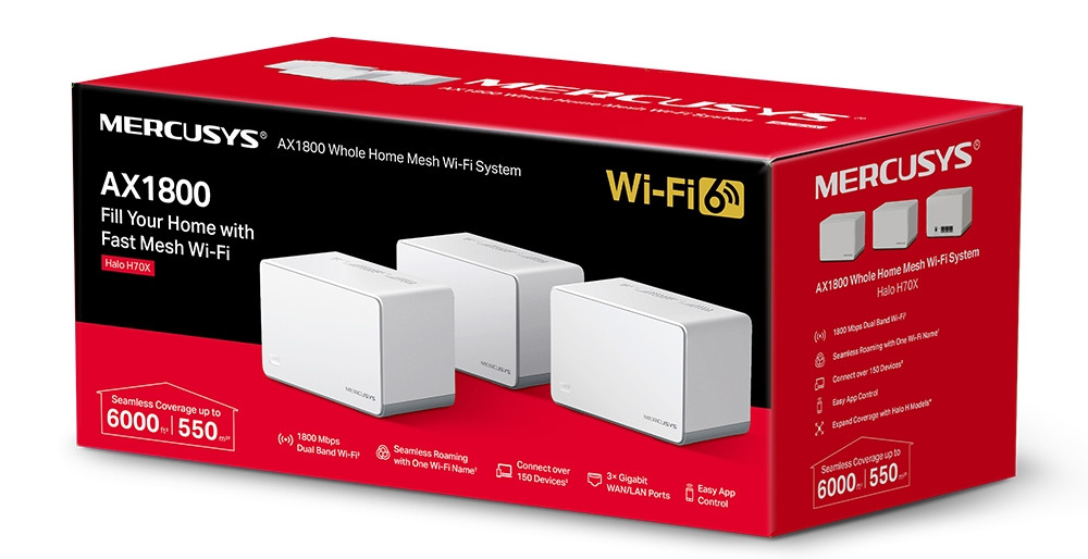 Czerwone pudełko z systemem Wi-Fi mesh w środku i tekstem o jego funkcjach.