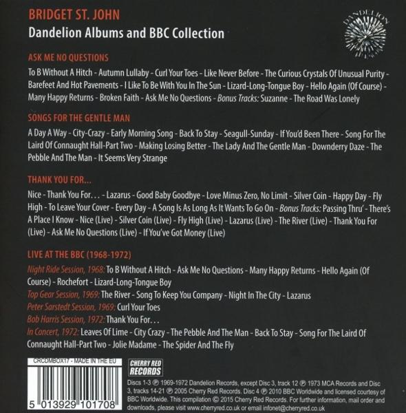 CD-Cover von Bridget St. John, Dandelion Alben und BBC Collection mit Tracklisten.