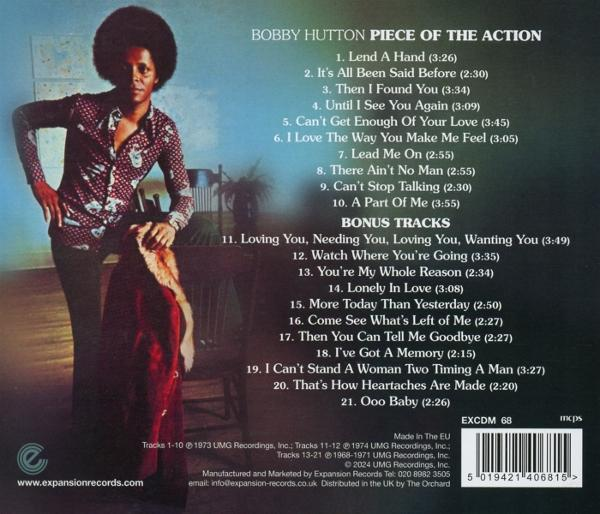 Bobby Hutton Albumcover. Ein Mann in gemustertem Hemd steht, Text listet Songs auf.