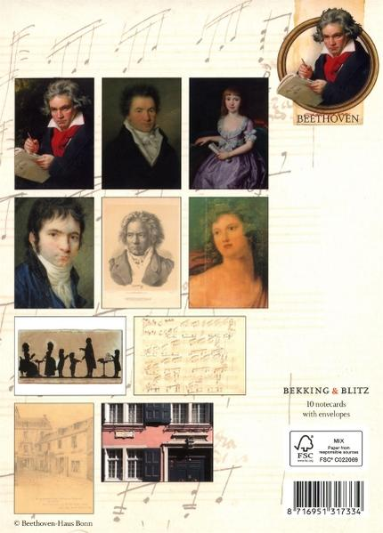 Eine Sammlung von Beethoven-Porträts und -Bildern auf einer Karte. Hintergrund mit Noten.