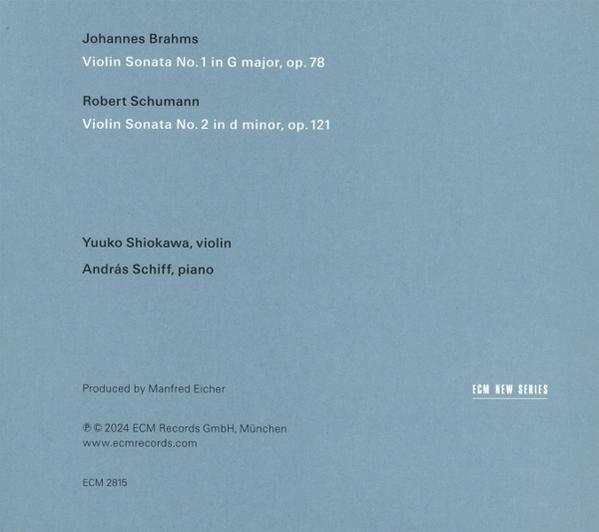 Ein blau-weißes CD-Cover mit Text, der die Violinsonaten von Brahms und Schumann auflistet.