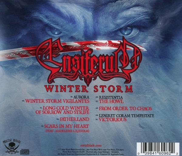 Enslaved Albumcover, blauer Hintergrund, mit Logo und Titelliste. Ein Gesicht im Hintergrund.