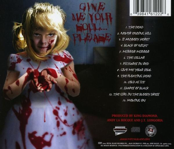 Die Rückseite eines CD-Covers mit einem blutüberströmten Mädchen und dem Titel 'Give Me Your Soul... Please'.