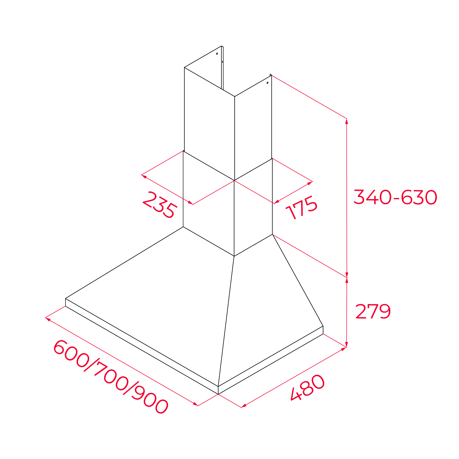 Un dibujo blanco de una campana extractora con dimensiones en números rojos sobre fondo blanco.