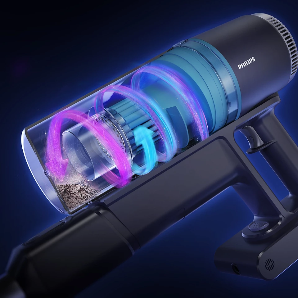 Közelkép egy Philips porszívóról, bemutatva a belső légáramlást és a porgyűjtést.