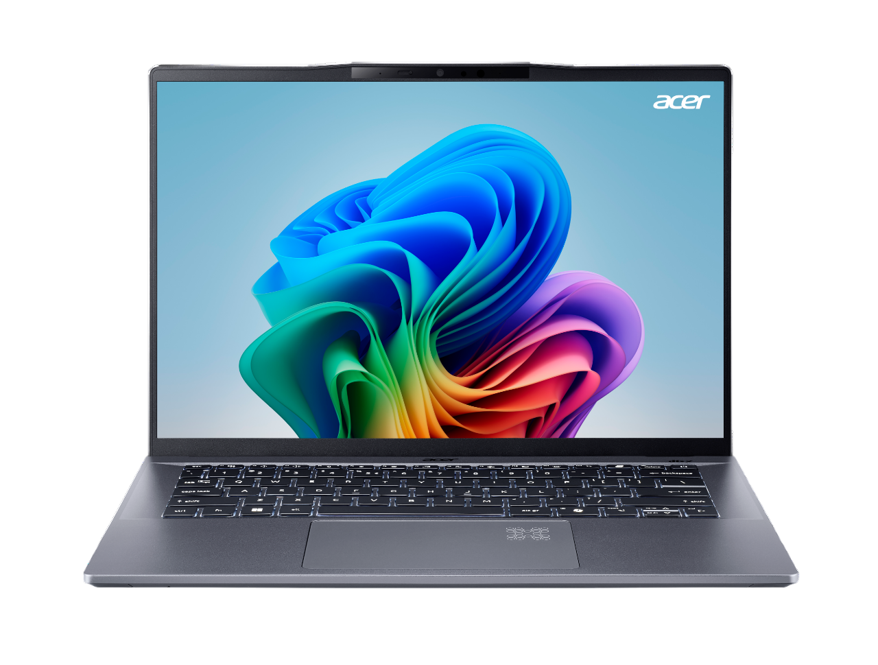 Silberner Laptop mit farbenfrohem, abstraktem Hintergrund auf dem Bildschirm.