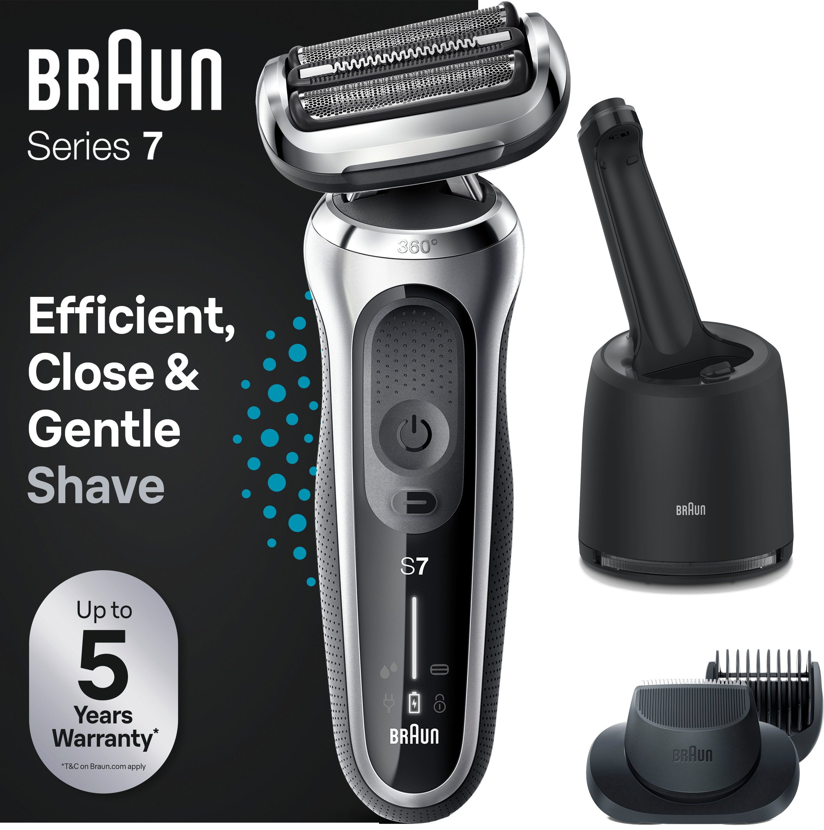 Elektrischer Rasierer Braun Series 7. Rasierer, Ladestation und Trimmer vor schwarzem Hintergrund.