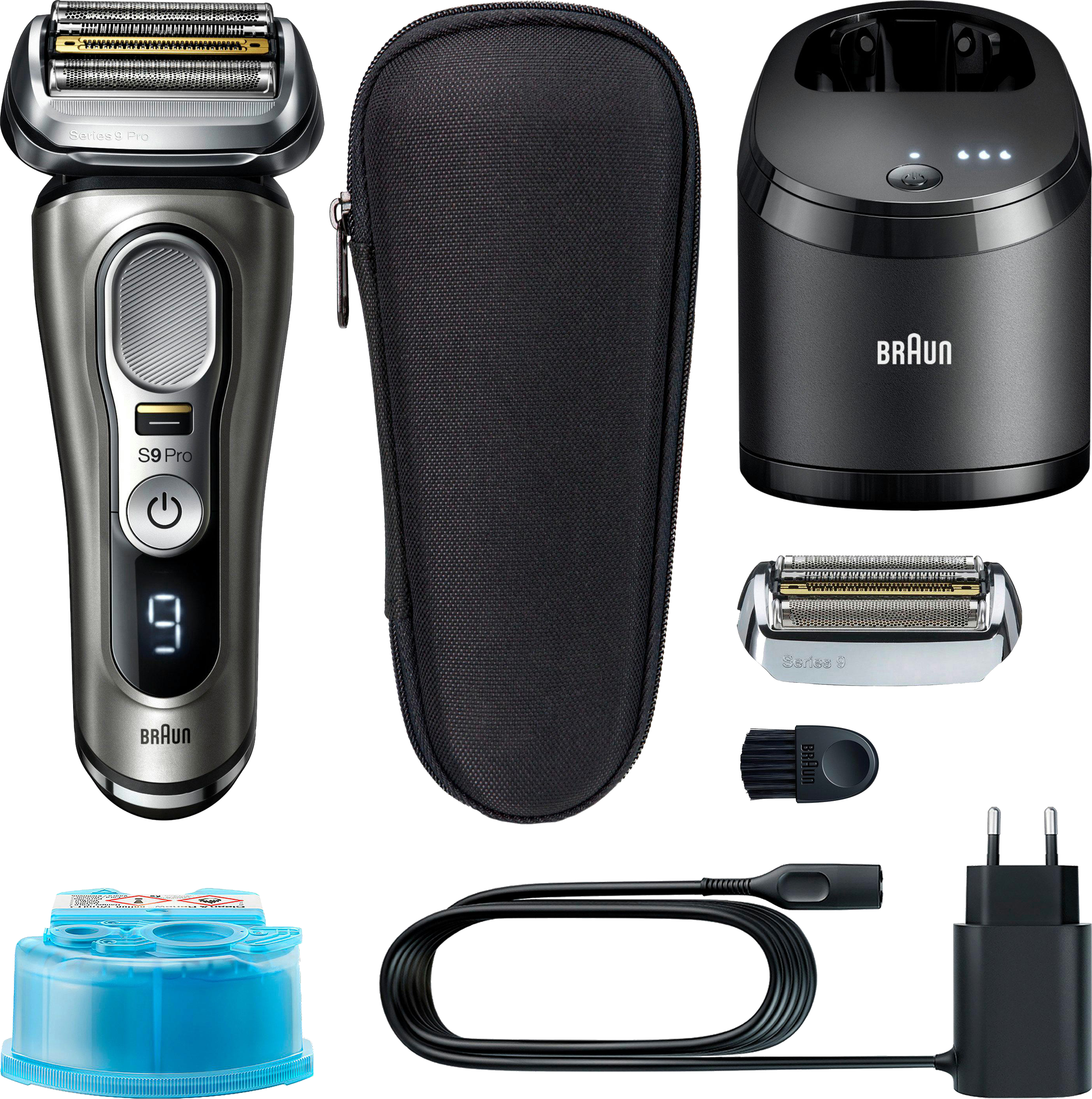 Ein Braun S9 Pro Rasierer und Zubehör. Enthält einen Ladeständer, eine Tasche und eine Reinigungseinheit.