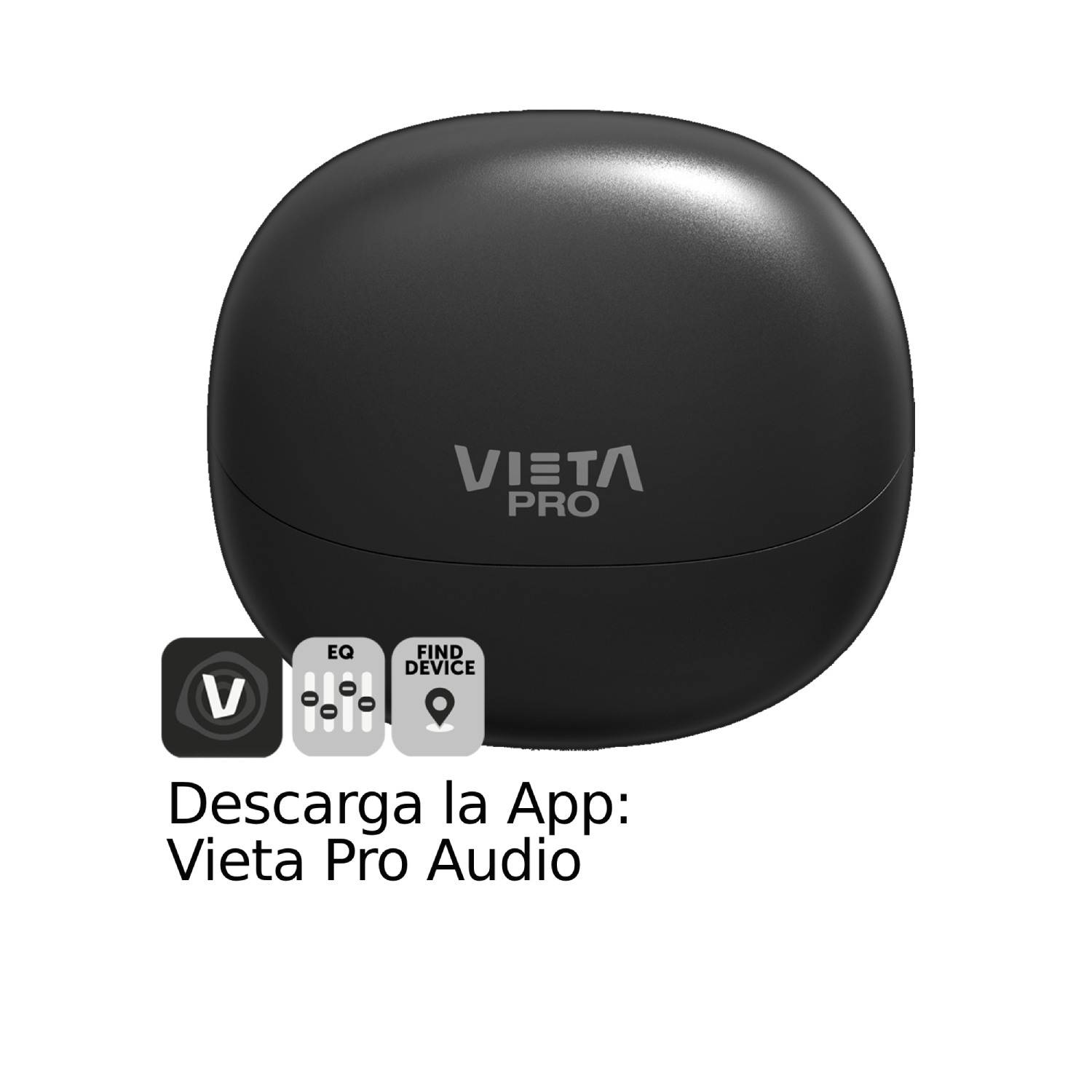 Estuche de carga de auriculares negro con auriculares e iconos. Texto: Vieta Pro.