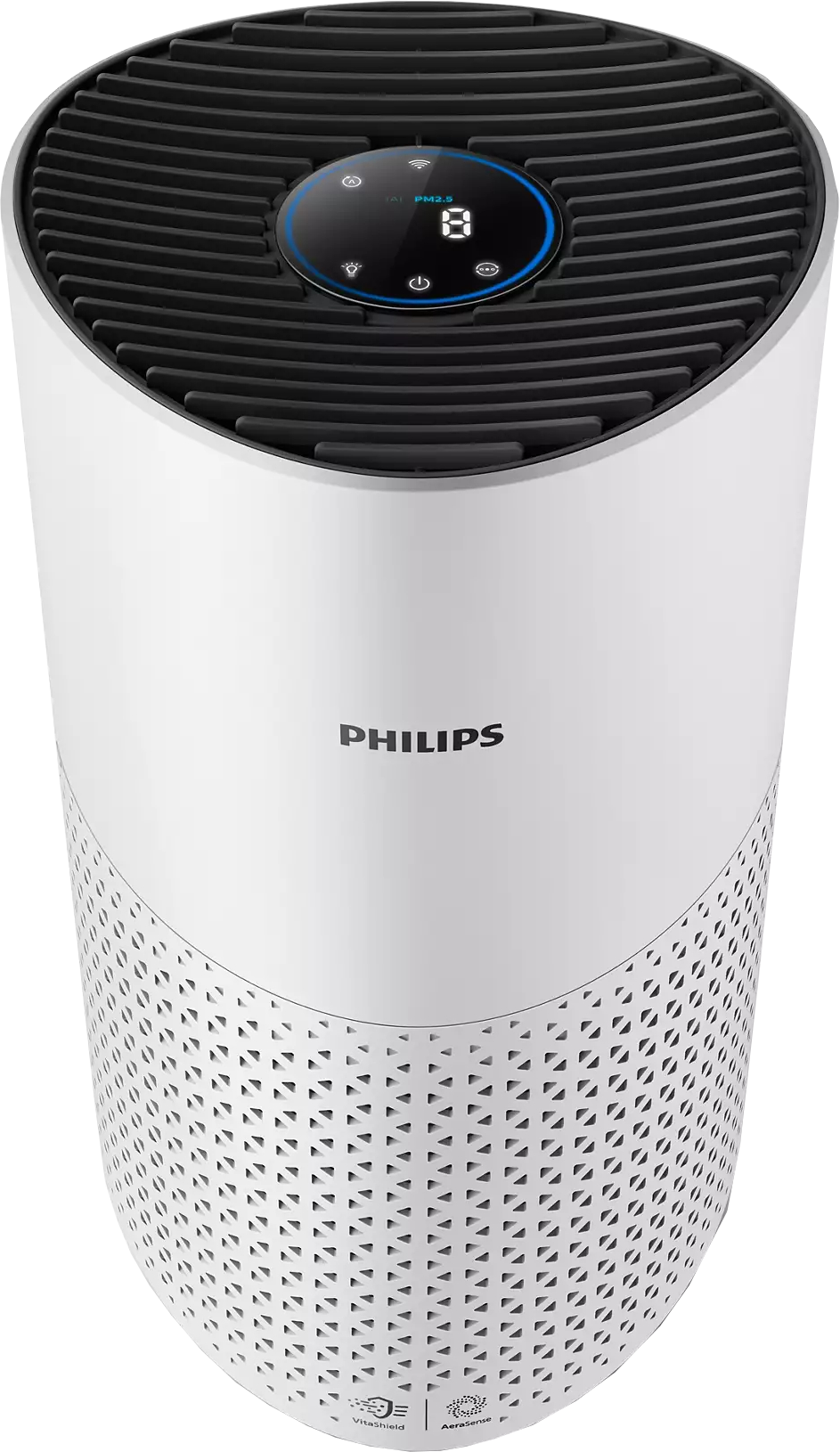 Ein weißer Luftreiniger mit schwarzem Oberteil und der Marke PHILIPS sichtbar.