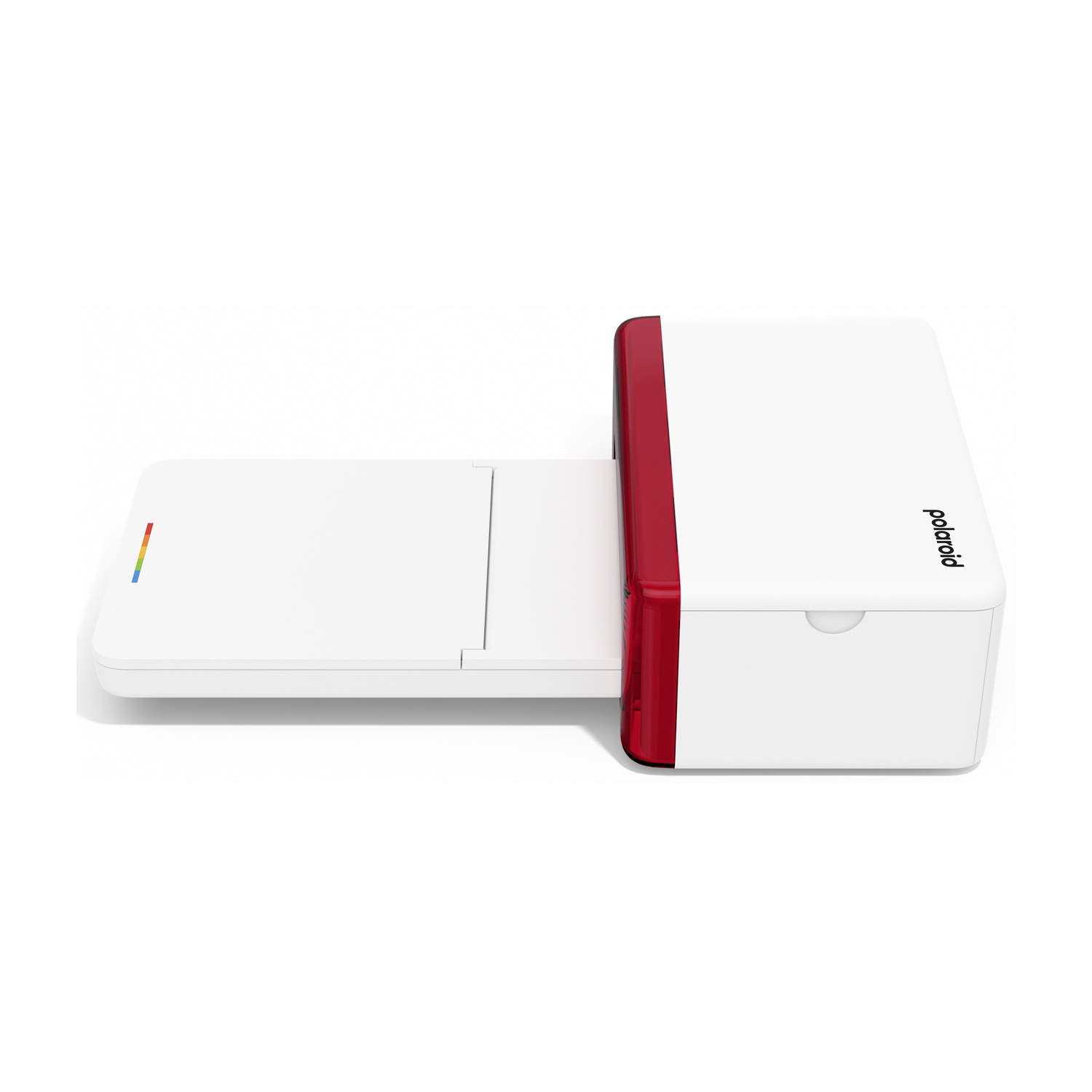 Stampante Polaroid bianca e rossa. Vassoio carta estratto. Colori arcobaleno.