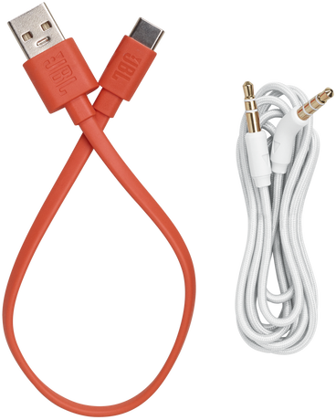 Narancssárga és fehér JBL kábelek. USB-C kábel és egy fehér audiokábel.
