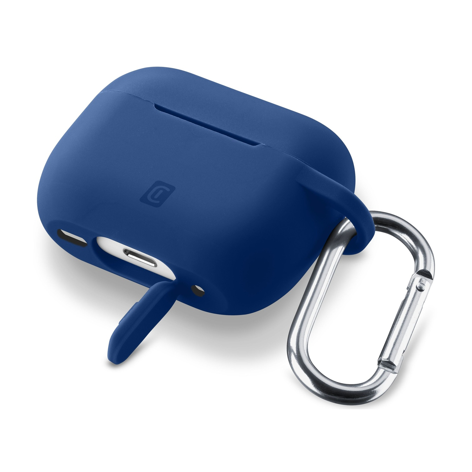 Custodia blu per AirPods con moschettone argentato, su una superficie bianca.