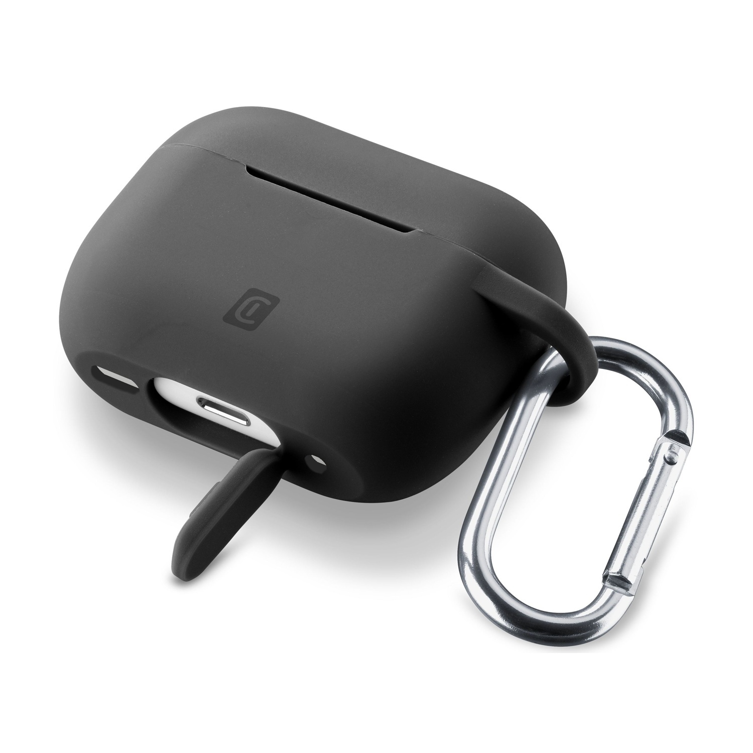 Custodia nera per AirPods con moschettone argentato attaccato. La custodia è aperta.