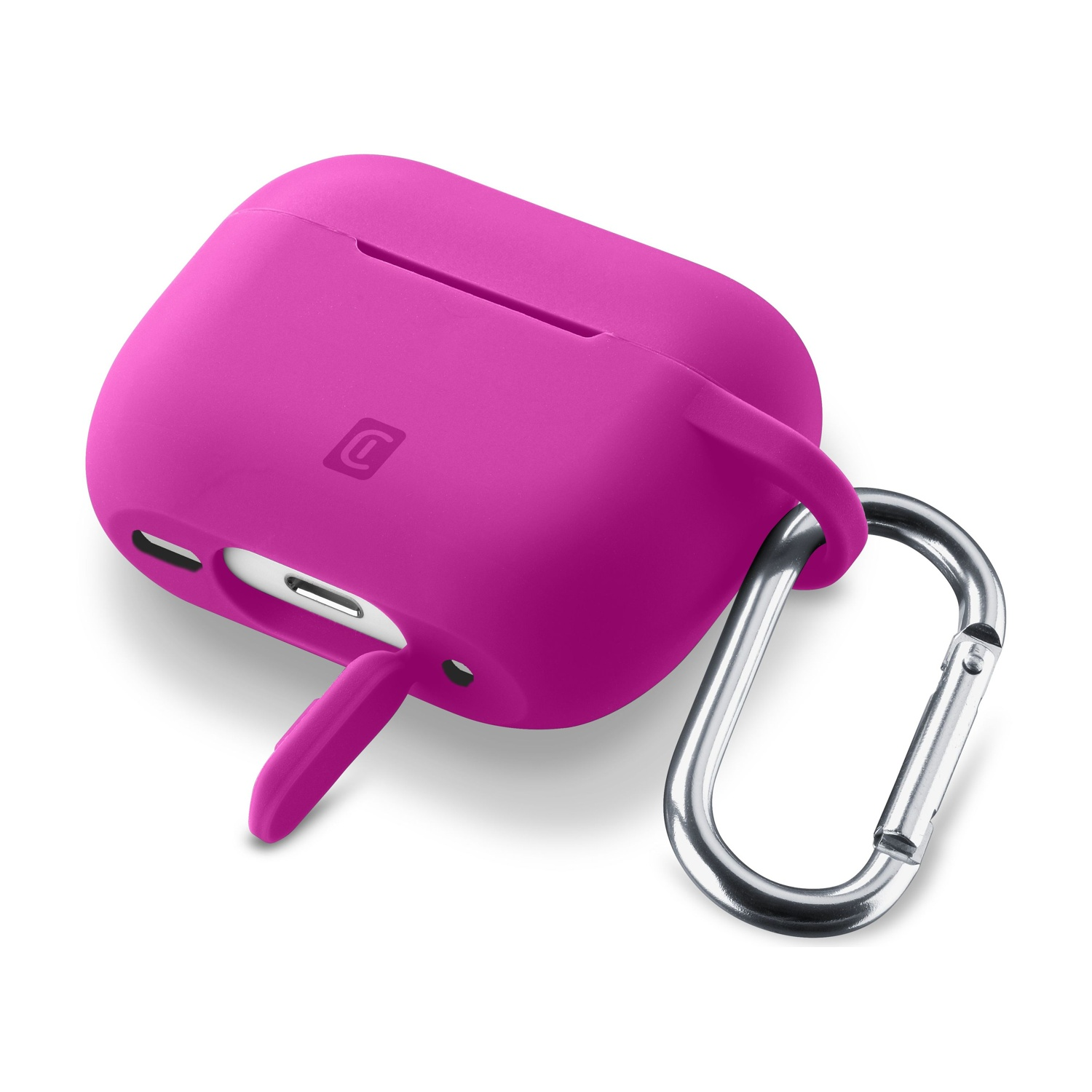 Custodia AirPod rosa con moschettone argentato.