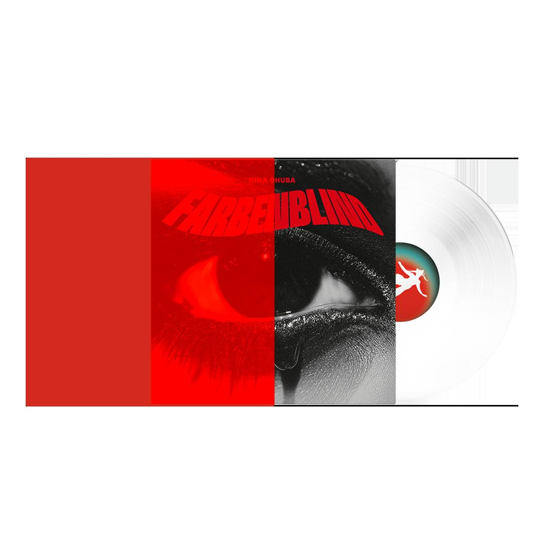 Vinyl-Schallplattenhülle mit rotem, schwarzem und weißem Farbschema. Augengrafik ist prominent. Eine weiße Schallplatte ist sichtbar.