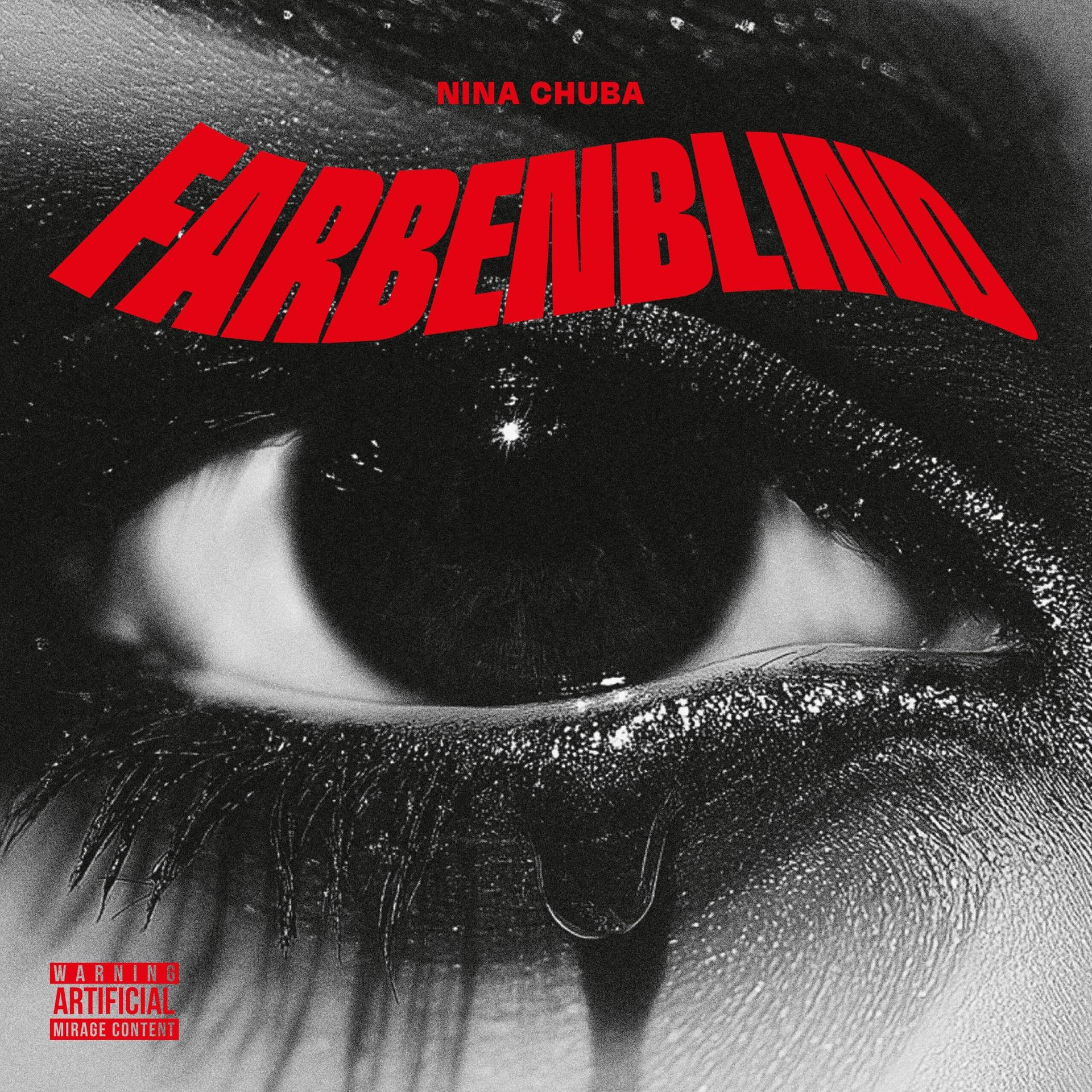 Albumcover mit Nahaufnahme eines Auges mit Tränen und rotem Text. Das Wort FARBENBLIND ist sichtbar.