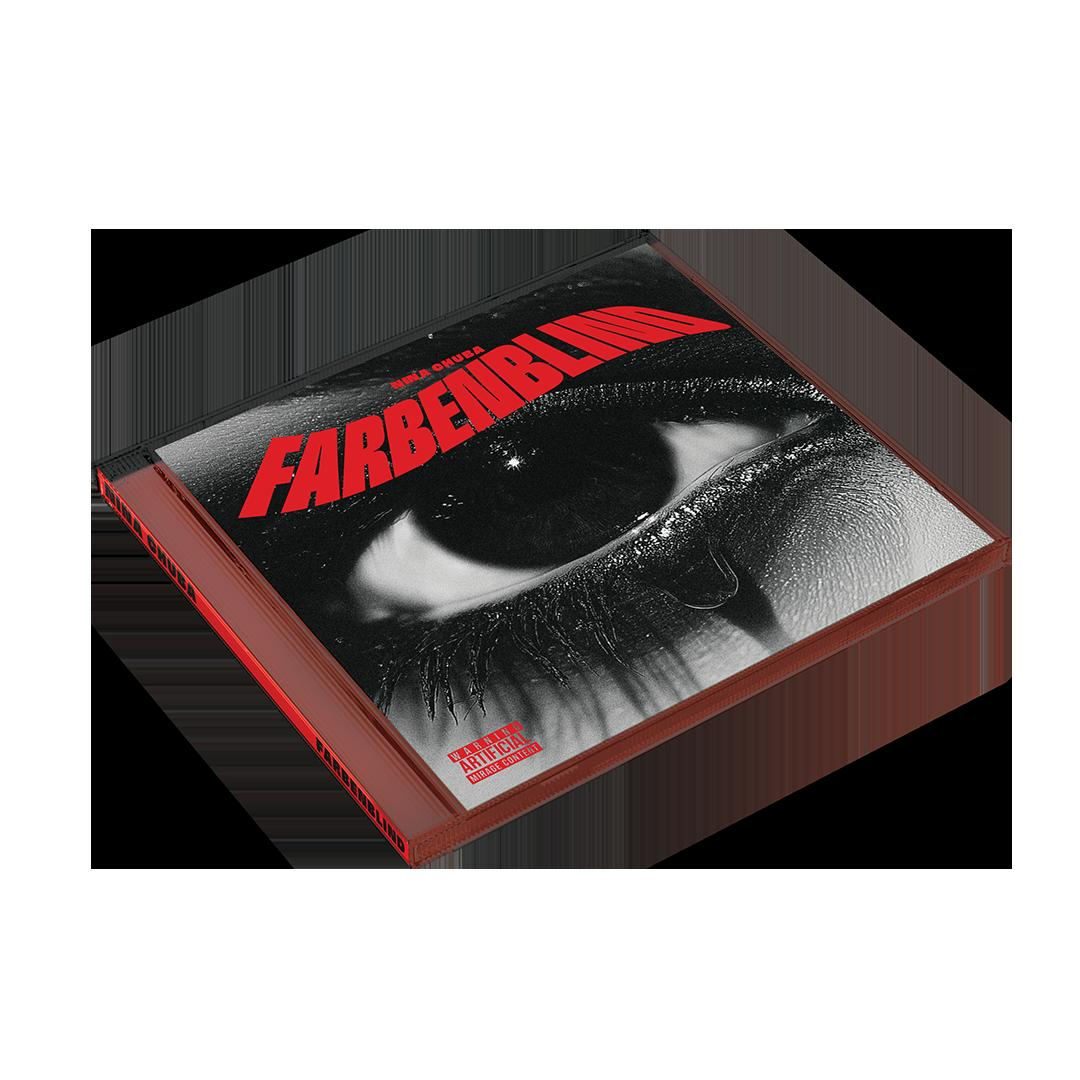 CD-Albumcover mit rotem Rand, mit einem Auge und dem Wort FARBENBLIND.