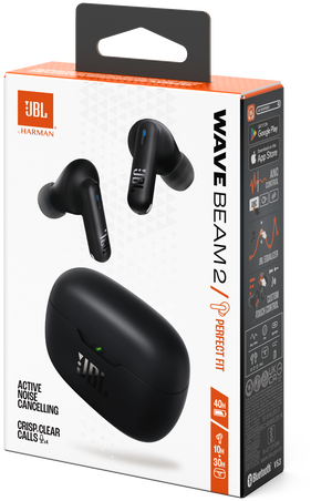Egy doboz JBL Wave Beam 2 fülhallgatóval és töltőtokkal. A doboz fókuszban van.