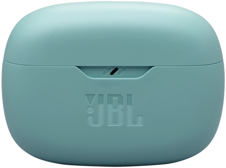 JBL kék fülhallgató tok, lekerekített négyzet alakú. A JBL logója látható elöl.
