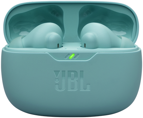 Egy türkizkék JBL fülhallgatótok fülhallgatókkal, a JBL logóval és egy jelzőfénnyel.