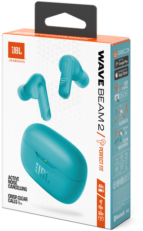 Türkizkék JBL Wave Beam 2 fülhallgató doboza. A dobozon fülhallgatók képei vannak.
