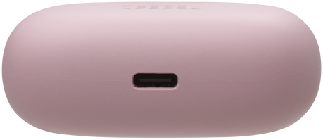 Rózsaszín fülhallgató töltőtokjának közeli képe USB-C porttal.