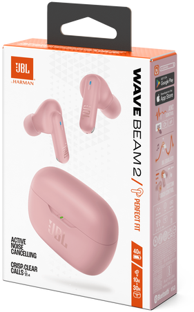 Rózsaszín JBL Wave Beam 2 fülhallgatók és töltőtok, színes dobozon.