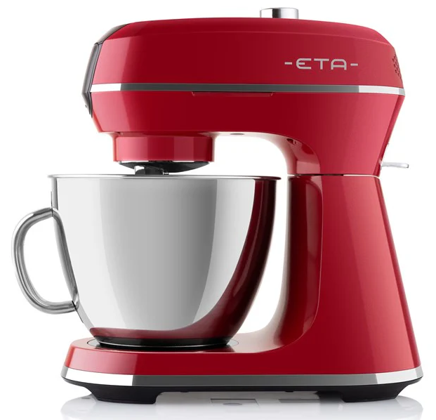 Piros konyhai mixer fényes ezüst tálban.