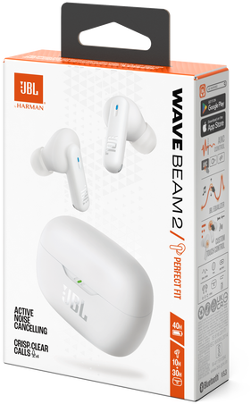 Fehér JBL Wave Beam 2 fejhallgató doboz fülhallgatók és tok képeivel.