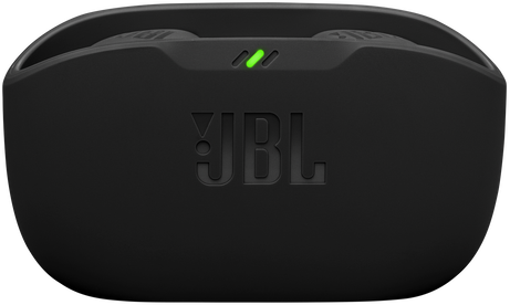 Fekete töltőtok JBL logóval, zöld töltésjelző fénnyel.