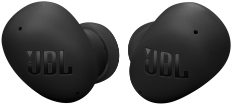 Fekete JBL fülhallgatók. Két fülhallgató egymás mellett, a JBL logó látható.
