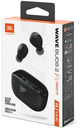 JBL Wave Buds 2 doboz. Fekete fülhallgatók és töltőtok. Aktív zajszűrés. Tökéletes illeszkedés.