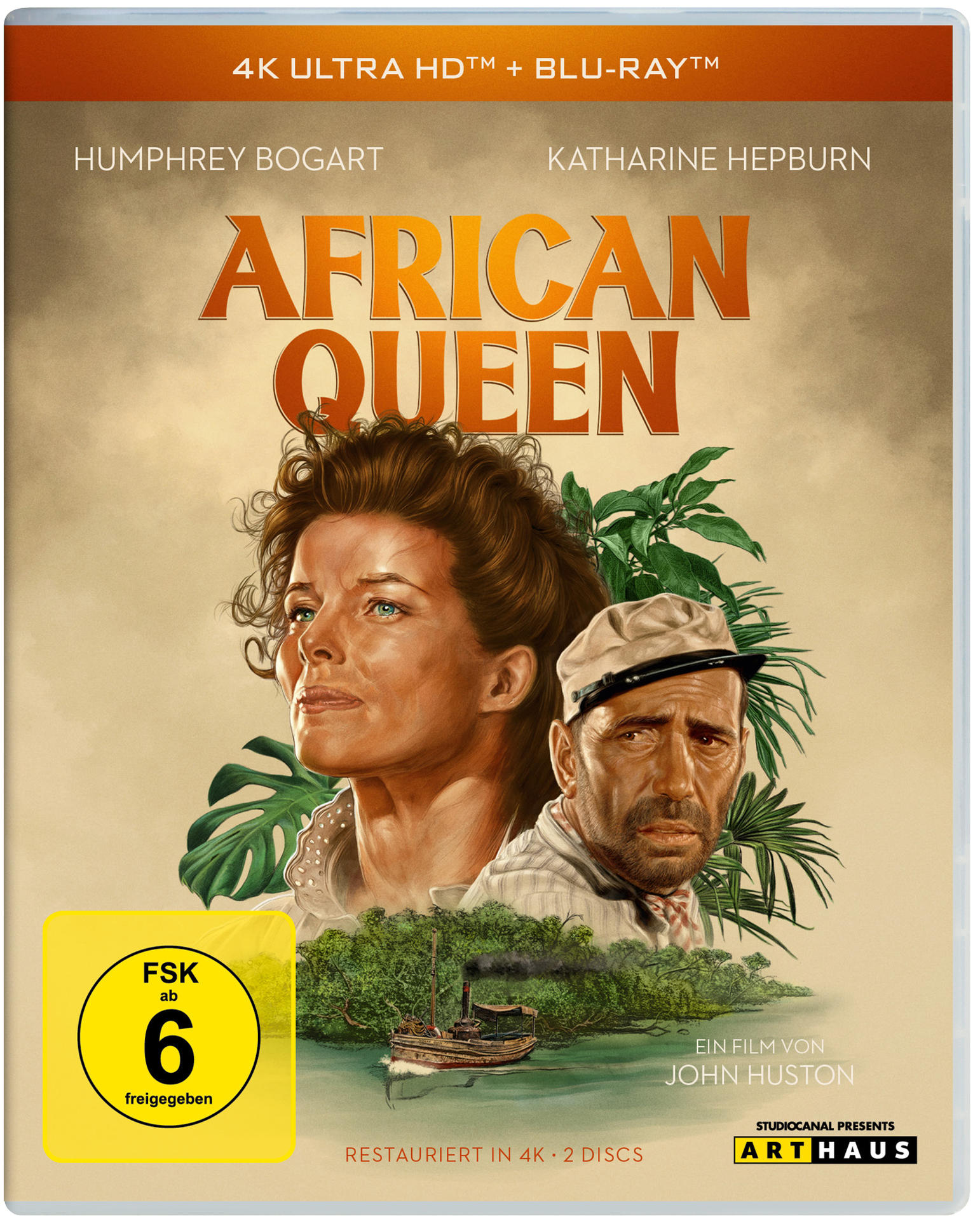 4K Ultra HD Blu-ray Cover des Films African Queen. Zwei Personen stehen im Mittelpunkt. Weißer Hintergrund.