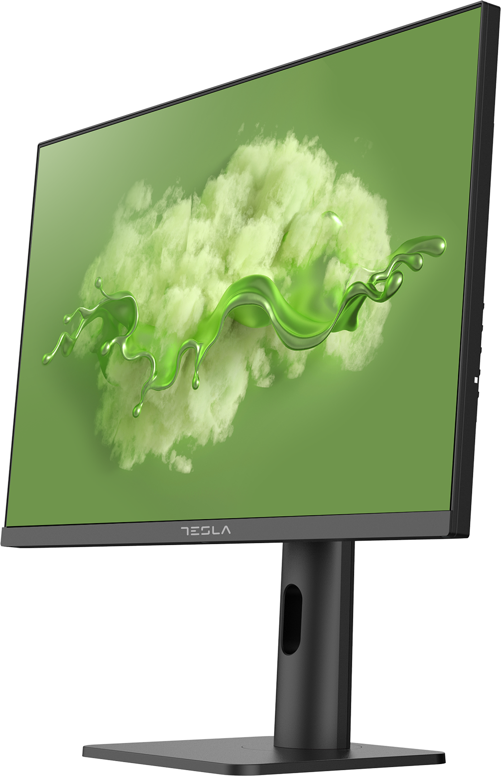 Egy Tesla monitor, amely egy zöld absztrakt fröccsenést jelenít meg kék háttéren. A monitor fekete.
