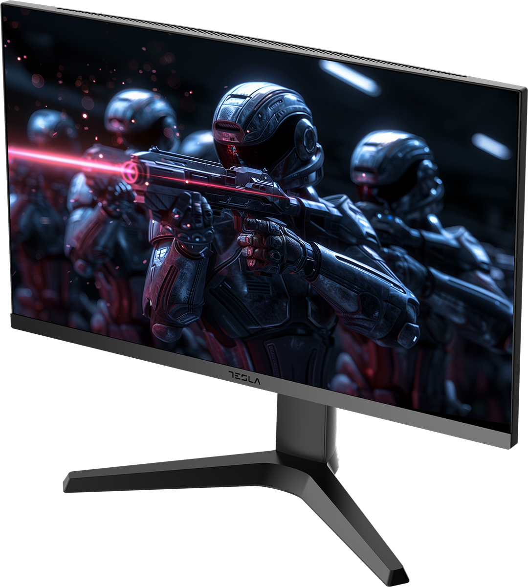 Monitor egy futurisztikus jelenetet mutat katonákkal és piros lézersugarakkal. A márka a TESLA.