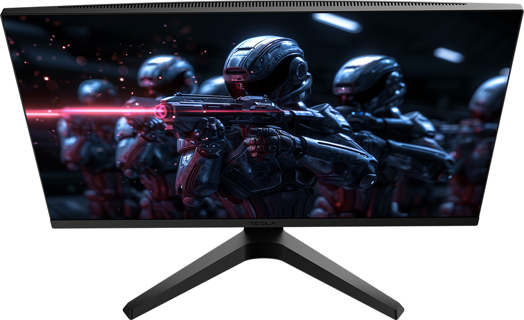 Tesla monitor egy sci-fi jelenetet mutat katonákkal és egy piros lézersugárral.