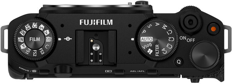 Fekete Fujifilm kamera felülnézete. Tárcsák és gombok láthatók. Autofókusz beállítások.