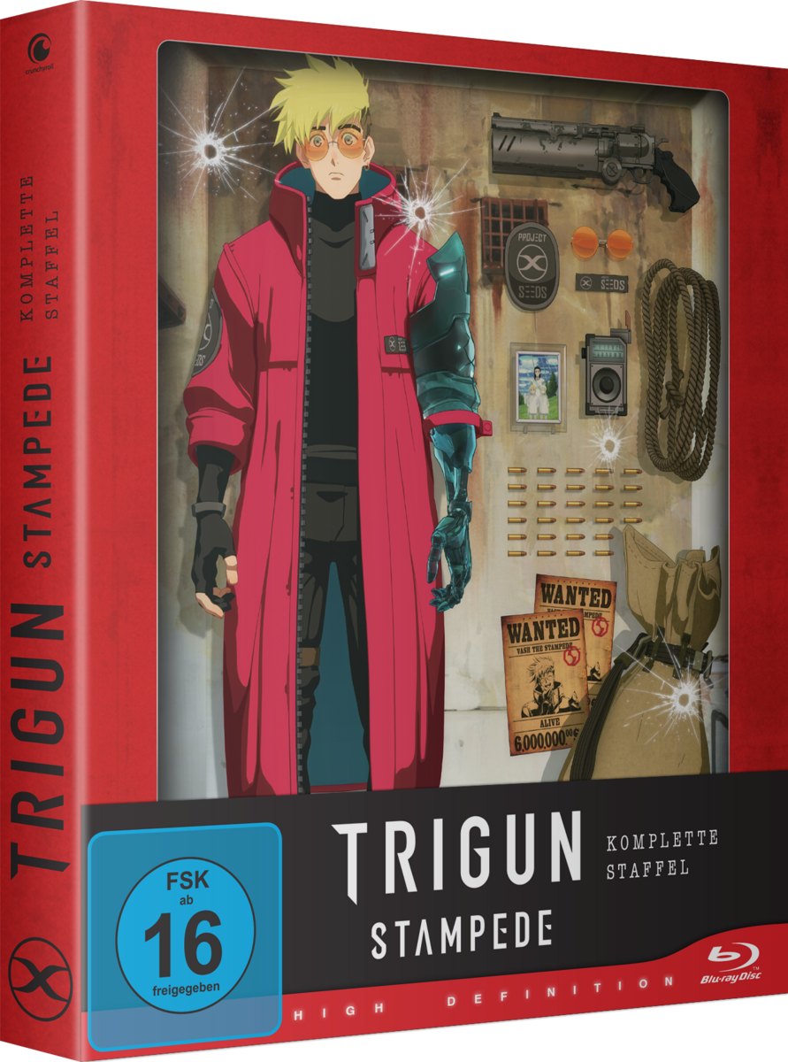 Trigun Stampede Blu-ray Box-Set. Enthält Anime-Charakter und Sammlerstücke in roter Box.