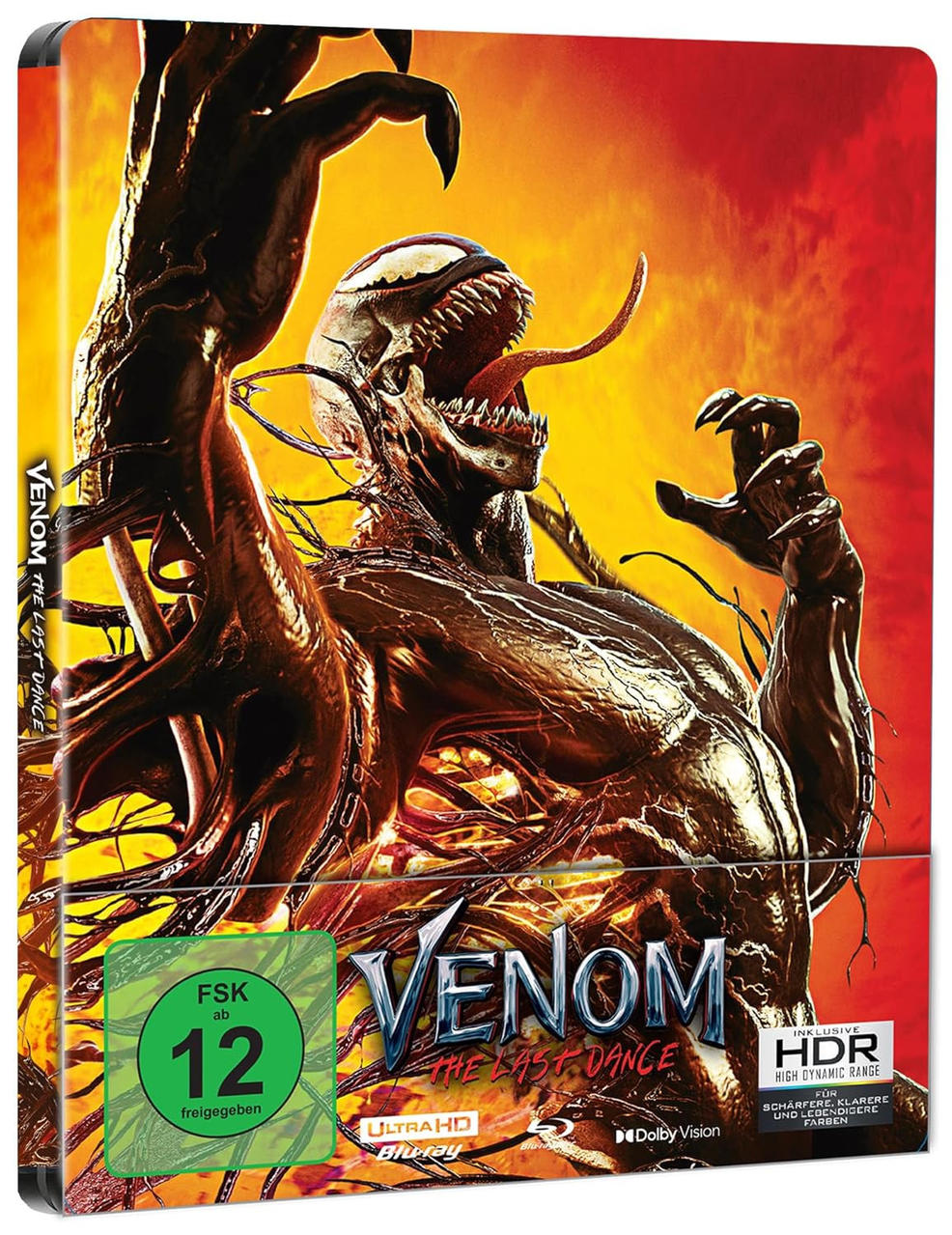 Venom: The Last Dance Blu-ray-Cover. Eine monströse Figur mit scharfen Zähnen und Ranken.