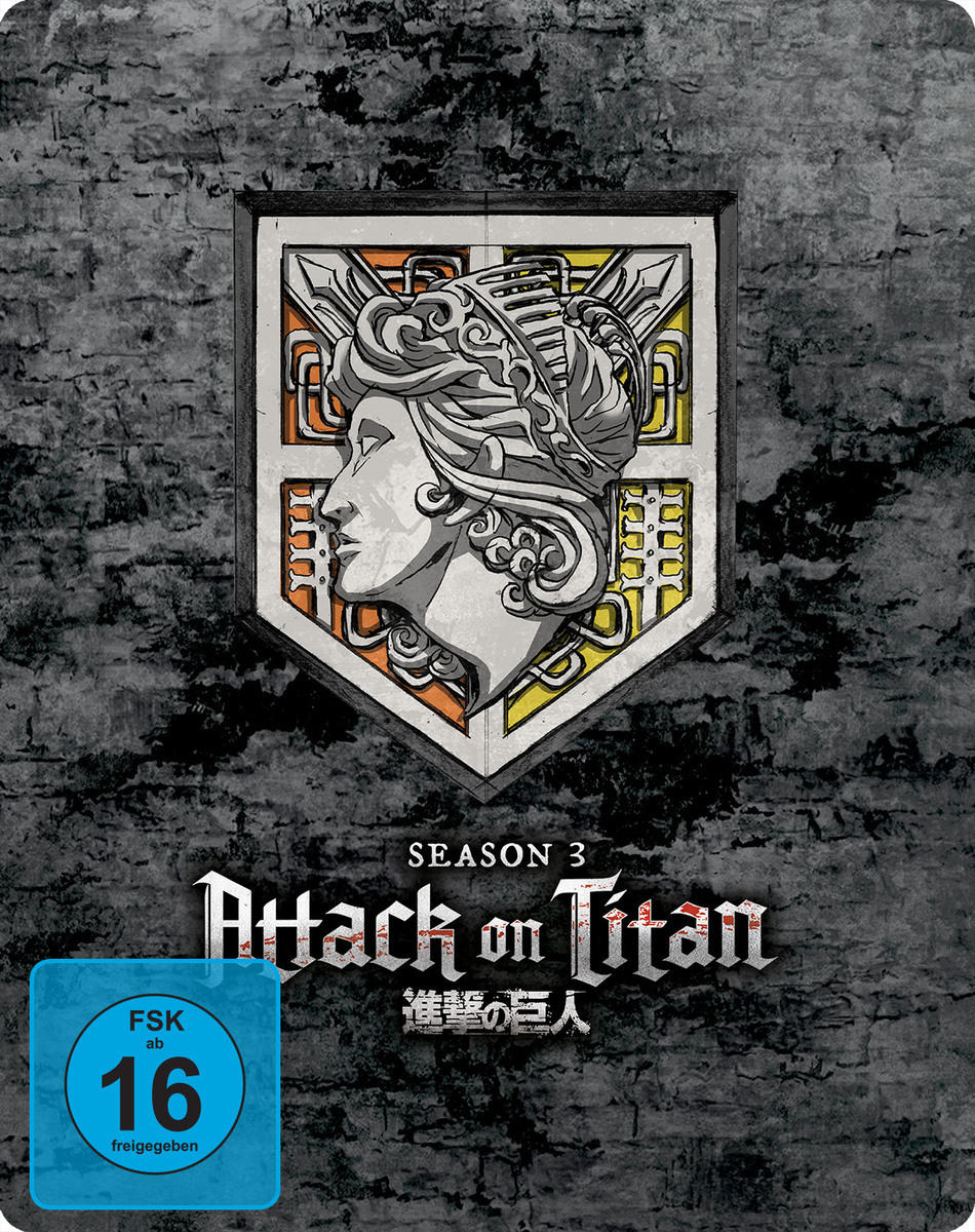 DVD-Hülle von Attack on Titan Staffel 3. Das Cover zeigt ein Schild mit einem Gesicht und Text.