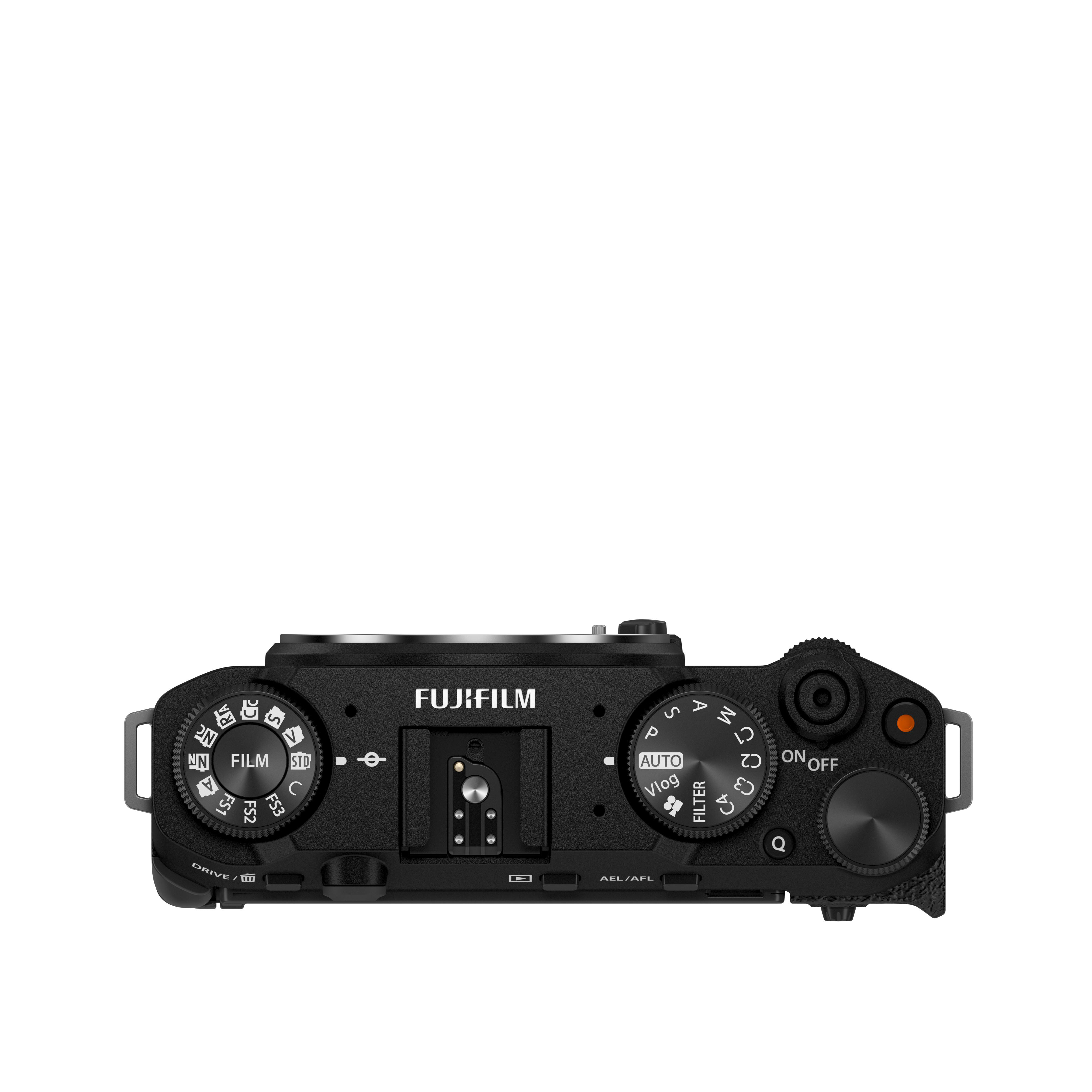Draufsicht auf eine schwarze Fujifilm Kamera mit Wählrädern und Tasten.