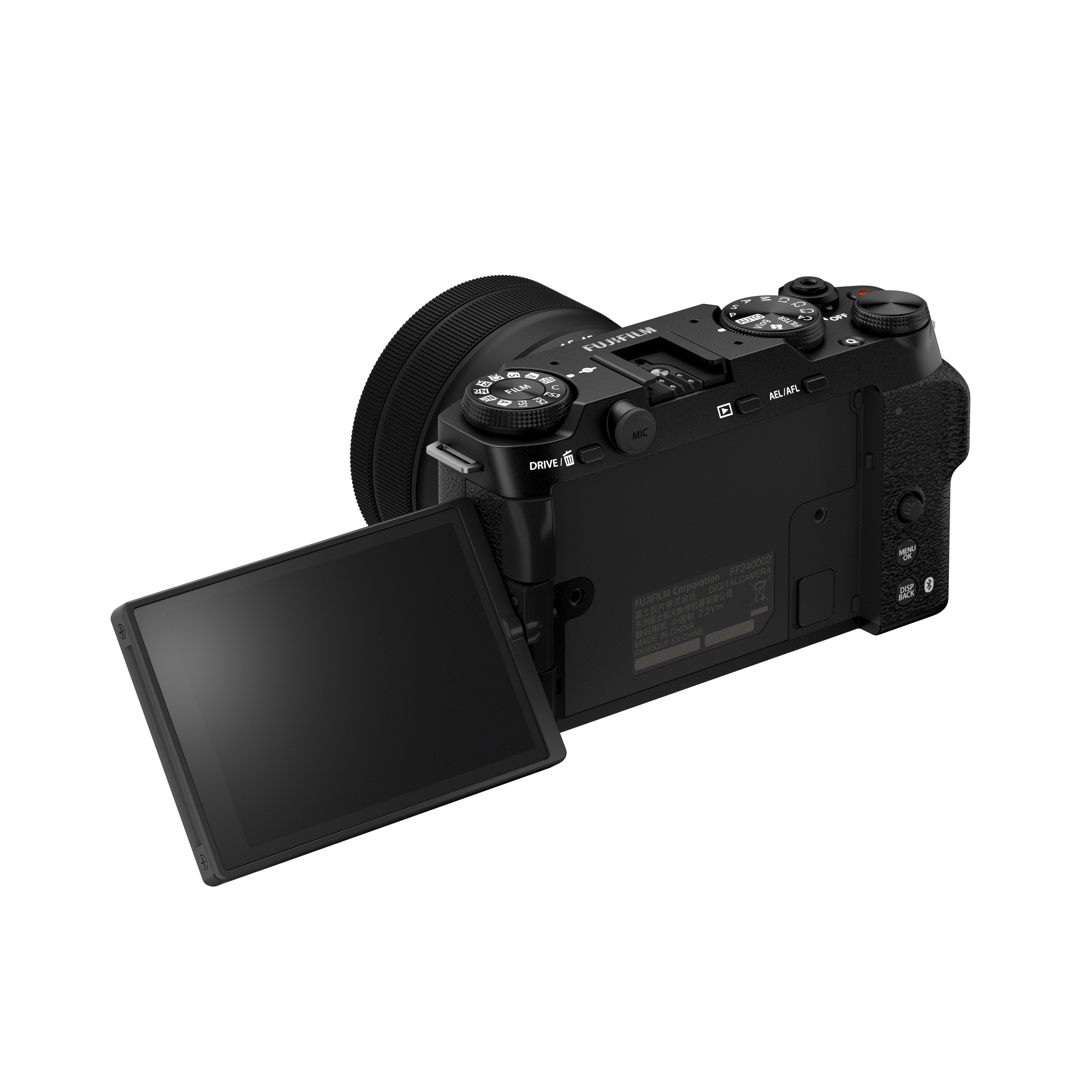 Eine schwarze Fujifilm-Kamera, mit herausgeklapptem Bildschirm. Knöpfe und Räder sind sichtbar.