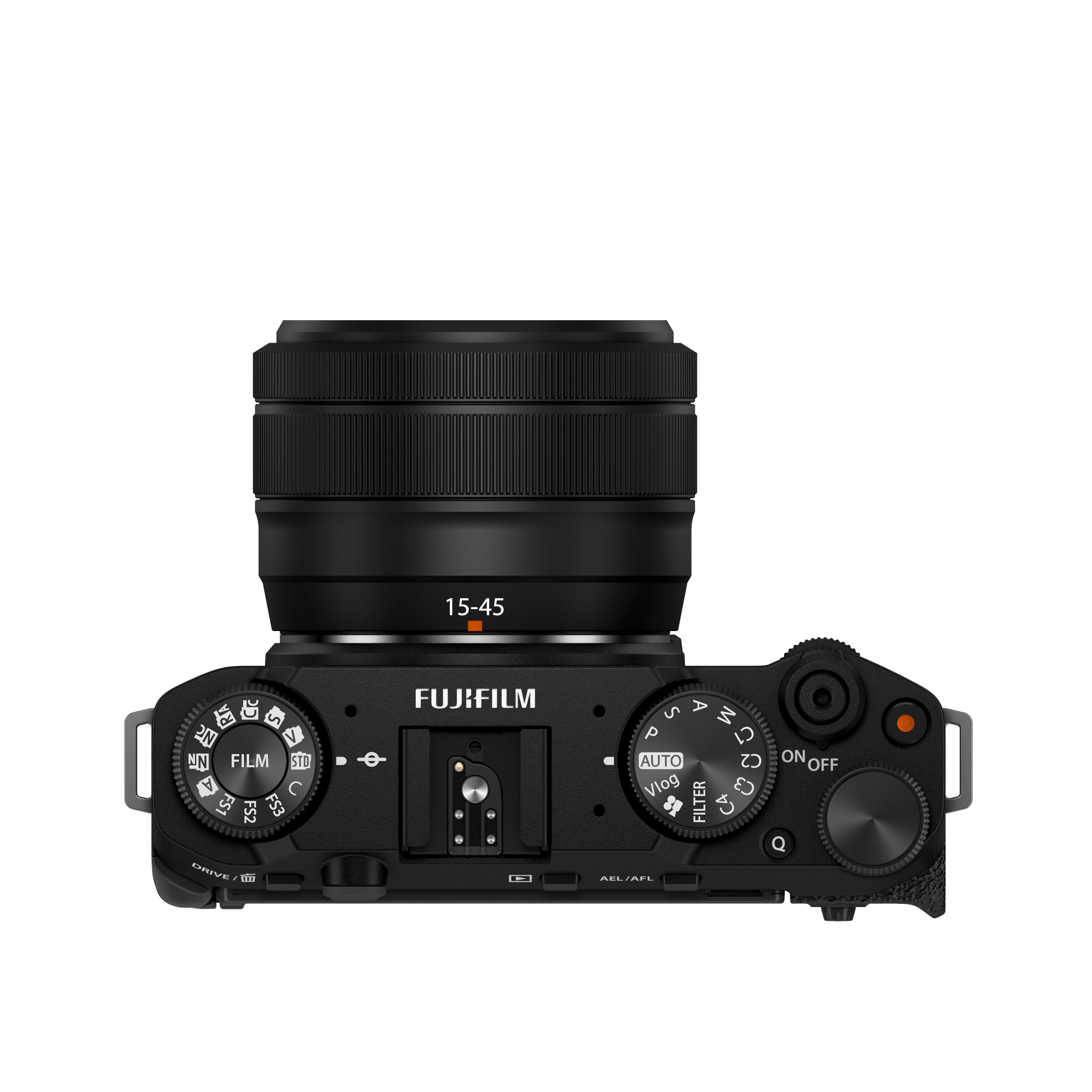 Draufsicht auf eine schwarze Fujifilm-Kamera mit Objektiv.