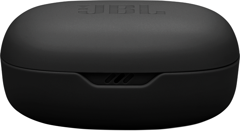 Fekete JBL fülhallgatótok lekerekített dizájnnal. A tok finom textúrájú és a JBL logó.